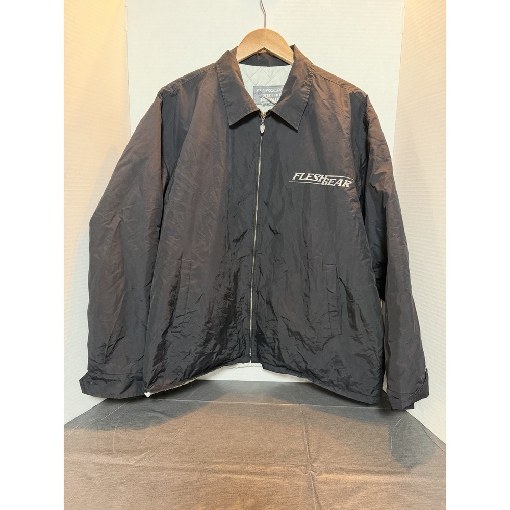 Fleshgear Mens Black Quilted Lined Zip Up Coach Jacket Back Shield Graphic Med